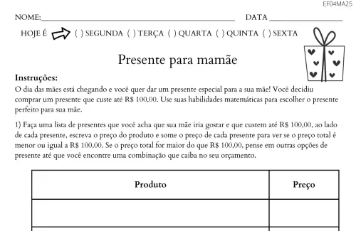 atividade 4º ano dia das mães cálculo dos presentes